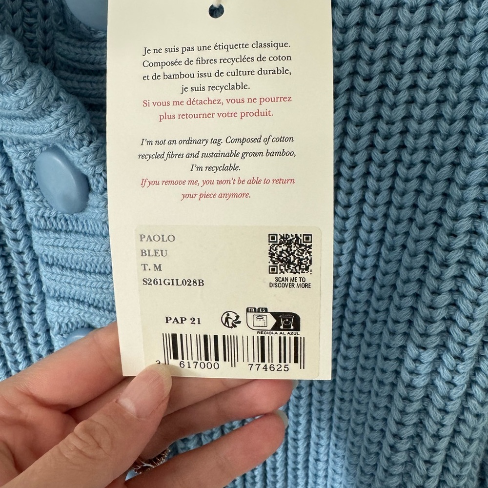 Sezane Paolo Chunky Light Blue Rib Knit Button Cardigan - Picture 6 of 8